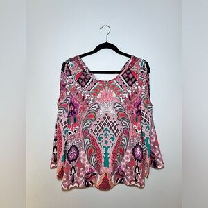 PEACH LOVE PINK PAISLEY BOHO PEASANT V-CUT COLD SHOULDER BLOUSE. SMALL